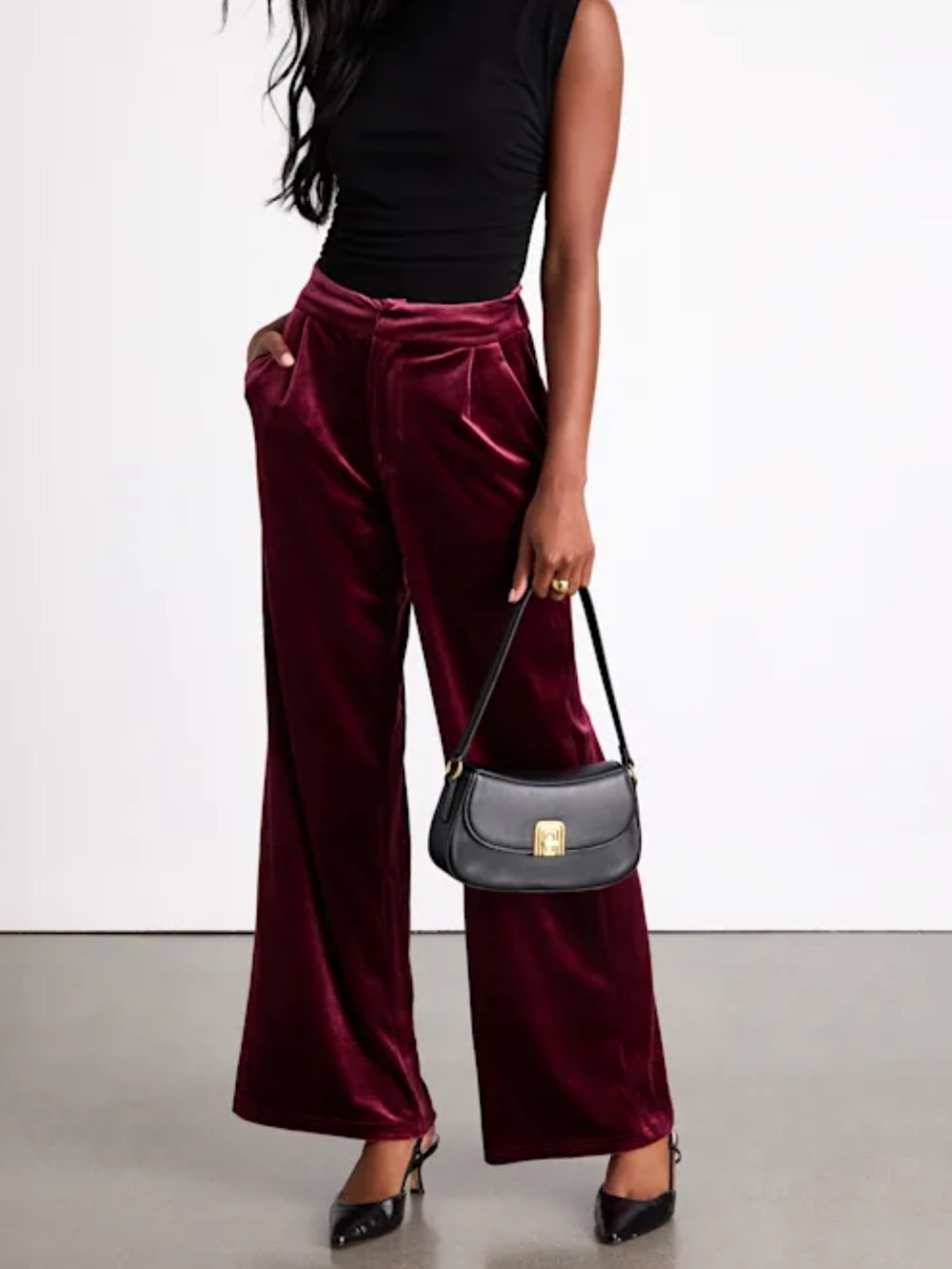 New Lulus Haira Burgundy Velvet Wide-Leg Mid Rise Trouser Pants